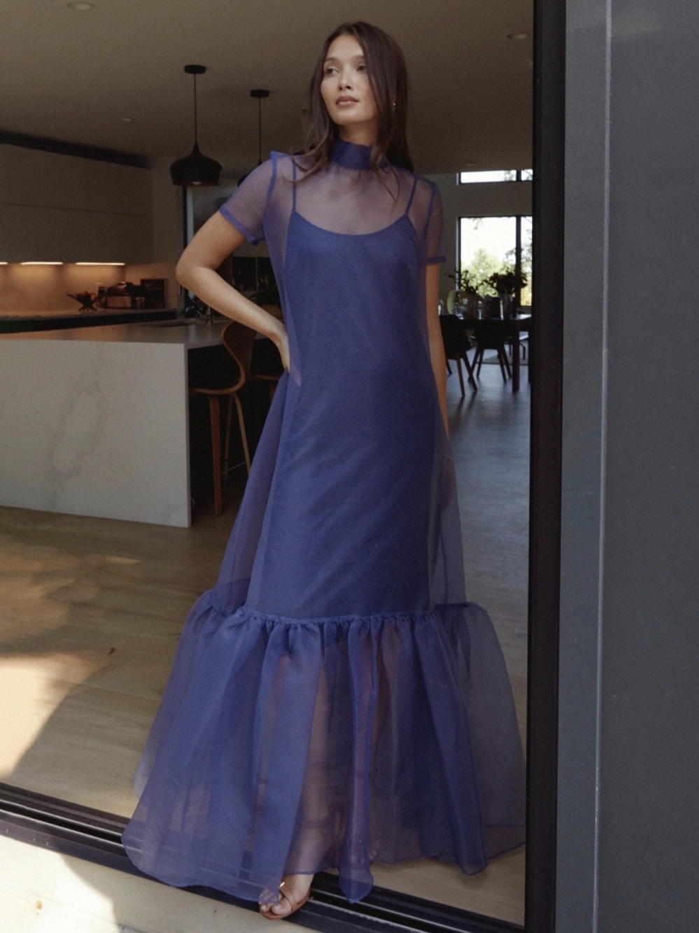 Few Moda Caara Sheer Panel Maxi Dress in Deep Blue